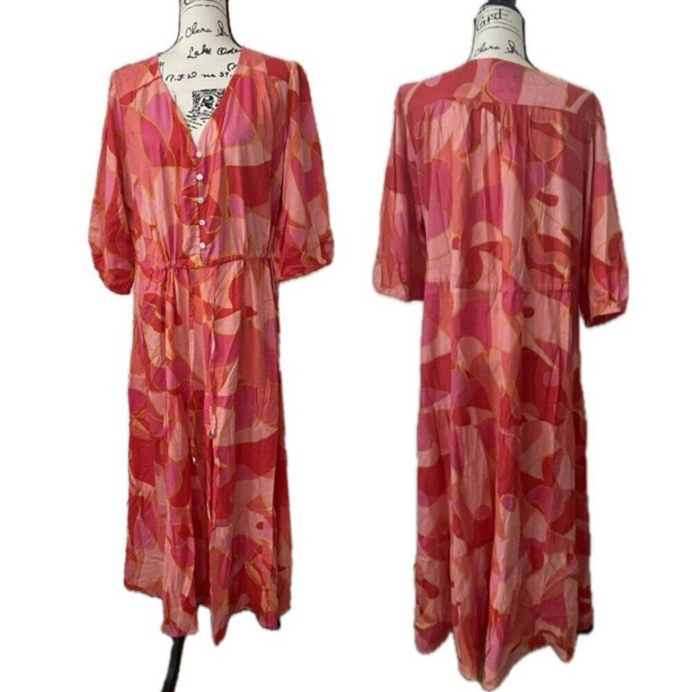 Casses MAXI‎ DRESS TIERED 3/4 Sleeve 100% RAYON Sz 3XL BARBIECORE MAXIMALIST